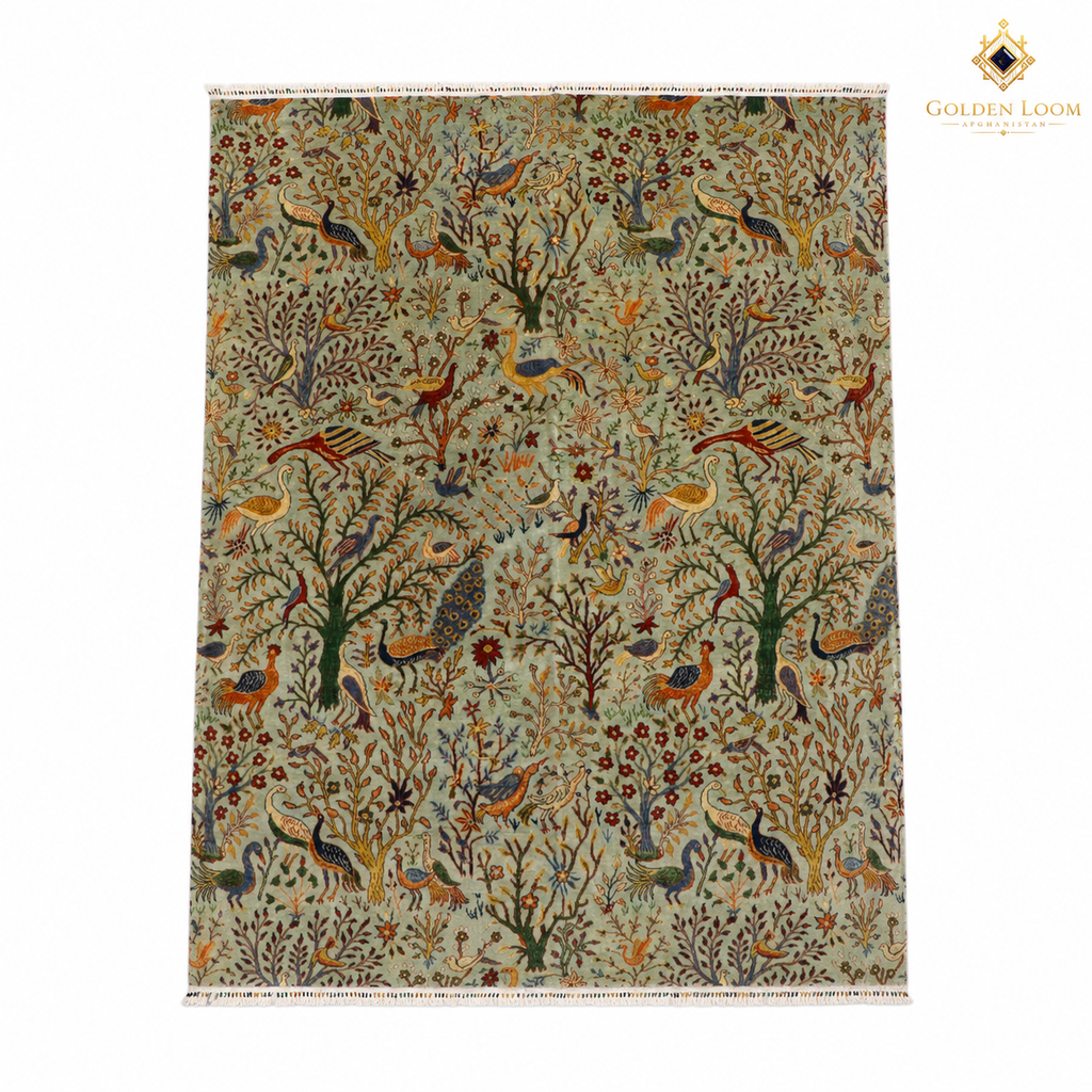 The Jawzjan Chobi Paradise Legacy, a hand-knotted Afghan wool carpet shown in full.