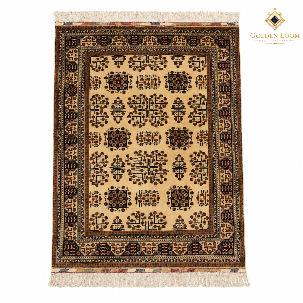 Top view of a hand-knotted Afghan wool carpet with an ivory field, geometric floral motifs and dark patterned borders