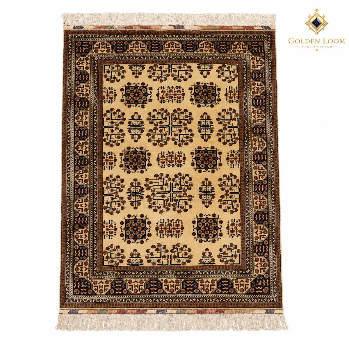 Top view of a hand-knotted Afghan wool carpet with an ivory field, geometric floral motifs and dark patterned borders