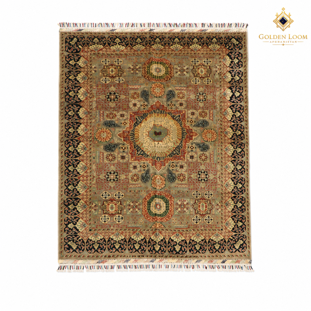 Hand-knotted Afghan Pillow Pattern wool carpet with sage green field, dark border and geometric medallion design by Golden Loom Afghanistan