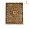 Hand-knotted Afghan Pillow Pattern wool carpet with sage green field, dark border and geometric medallion design by Golden Loom Afghanistan