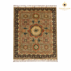 Hand-knotted Afghan Pillow Pattern wool carpet with sage green field, dark border and geometric medallion design by Golden Loom Afghanistan