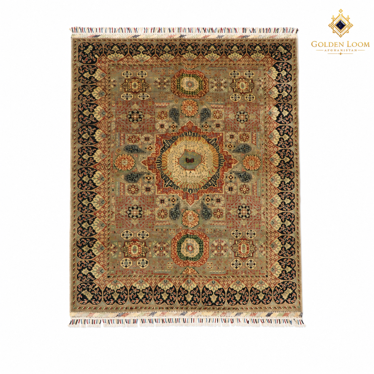 Hand-knotted Afghan Pillow Pattern wool carpet with sage green field, dark border and geometric medallion design by Golden Loom Afghanistan