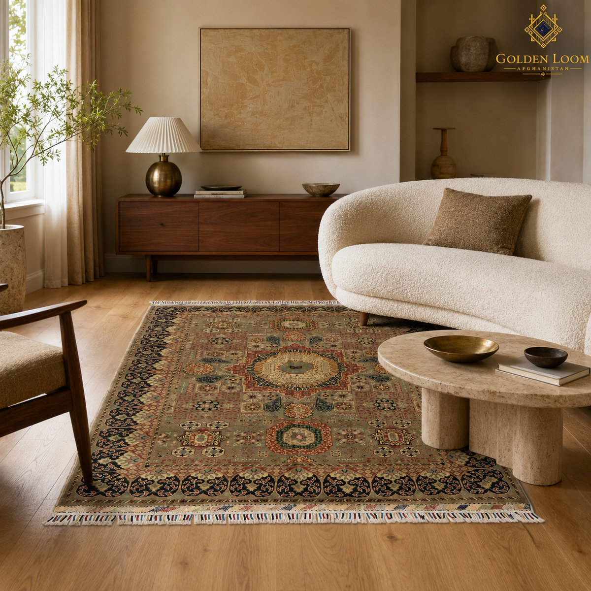 Authentic Afghan wool carpet with geometric Pillow Pattern under a modern dining table in a bright contemporary interior by Golden Loom Afghanistan