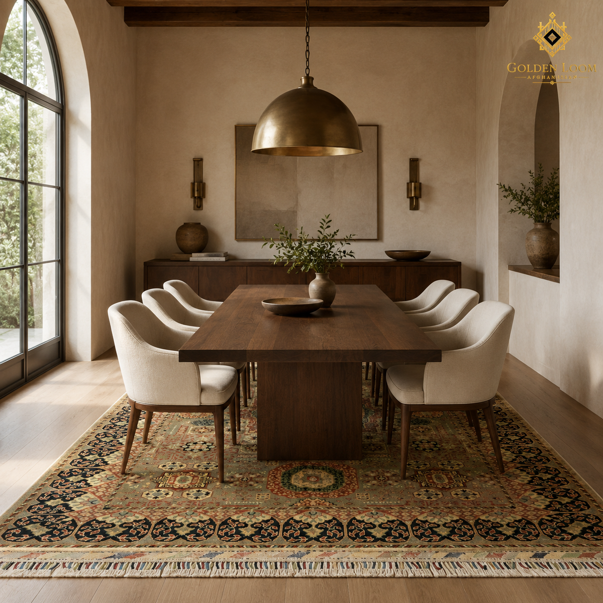 Hand-knotted Afghan Pillow Pattern carpet in a warm neutral living room with bouclé sofa and natural wood furniture by Golden Loom Afghanistan