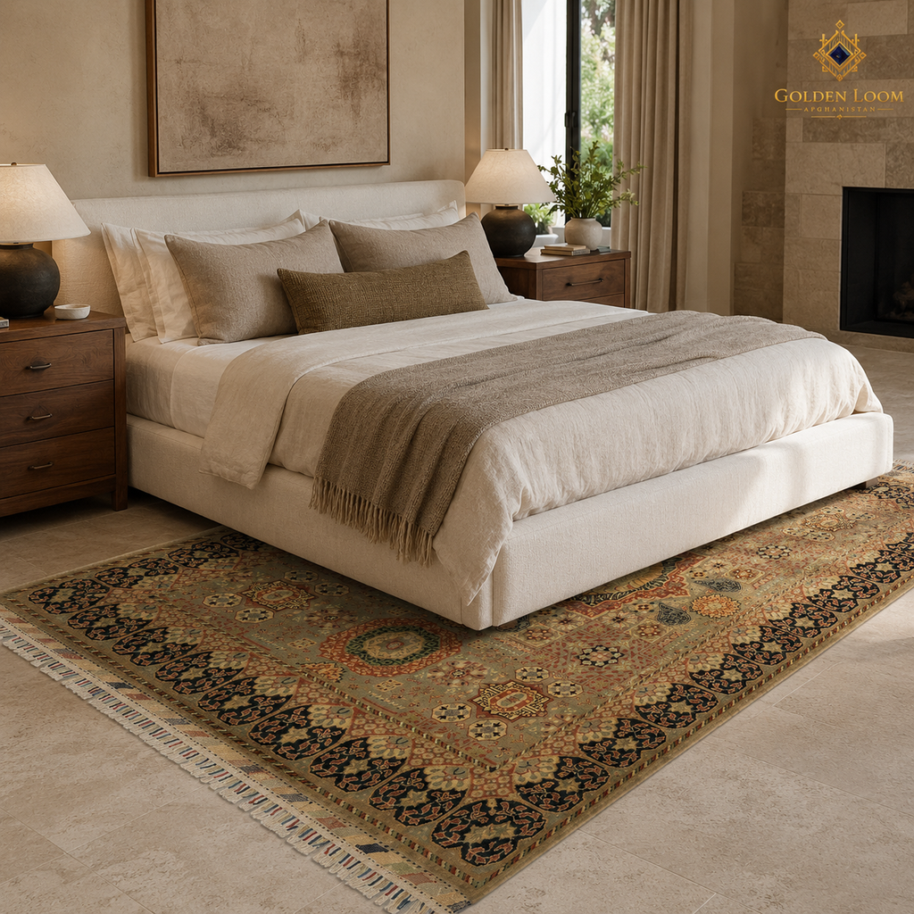 Traditional Afghan hand-knotted wool carpet with sage and dark border Pillow Pattern at the foot of a bed in a serene neutral bedroom by Golden Loom Afghanistan
