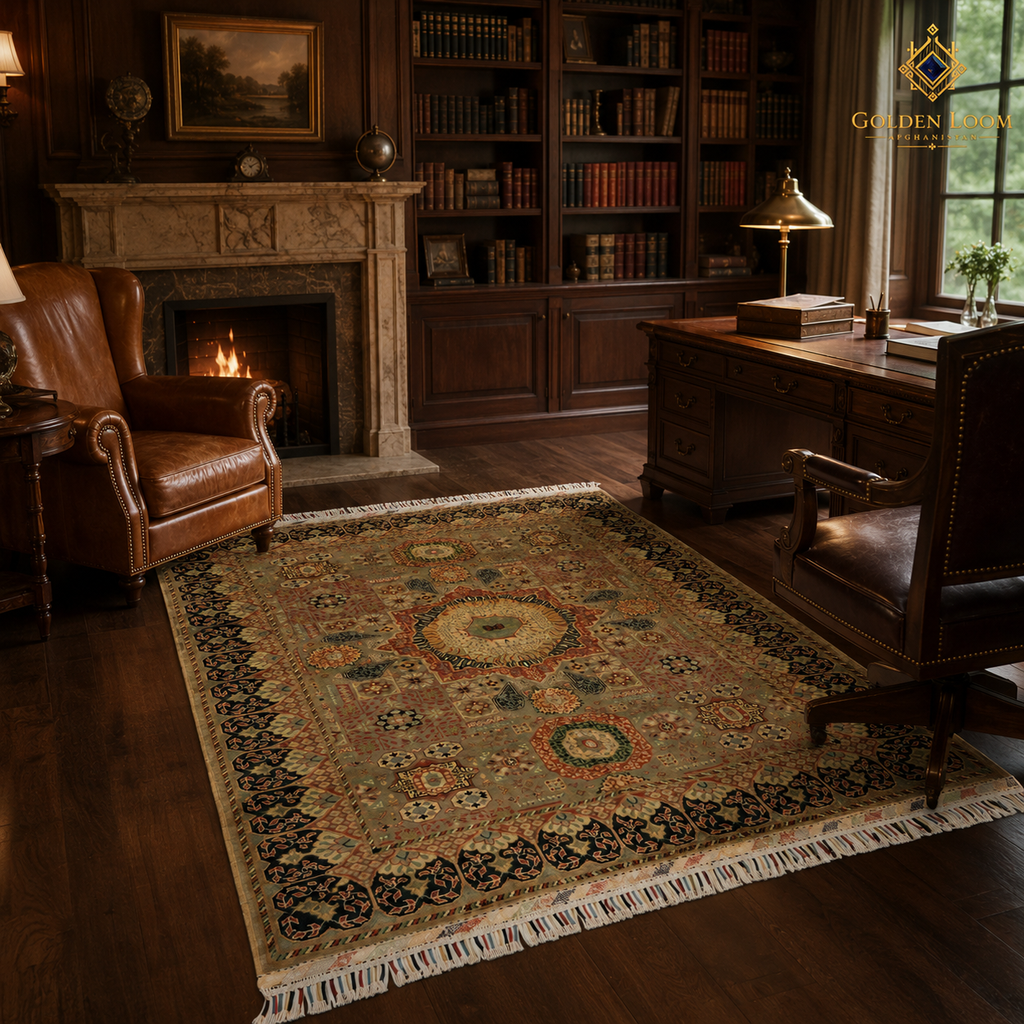 Traditional Afghan hand-knotted Pillow Pattern carpet in a classic dark wood study with leather armchair and fireplace by Golden Loom Afghanistan