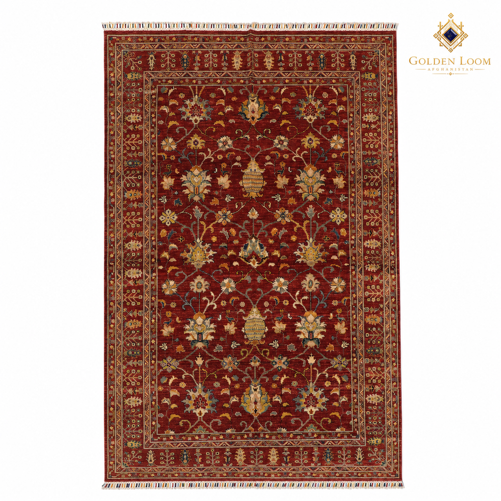 The Mazar-e-Sharif Ruby Vase Legacy, a hand-knotted Afghan wool carpet shown in full.