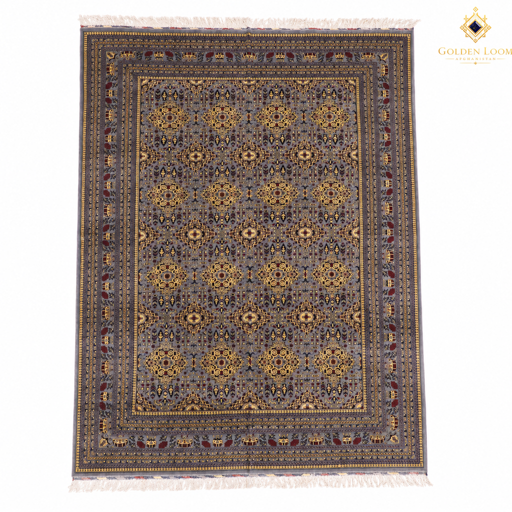 Top-view image of a grey, gold, and burgundy Afghan handwoven carpet featuring intricate geometric medallions and decorative borders, displayed on a clean white background with the Golden Loom Afghanistan logo