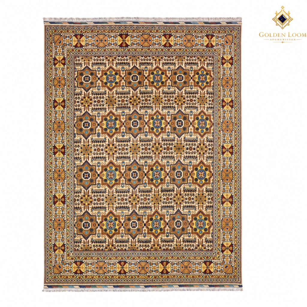 The Jawzjan Ivory Mamluk Legacy, a hand-knotted Afghan wool carpet shown in full.