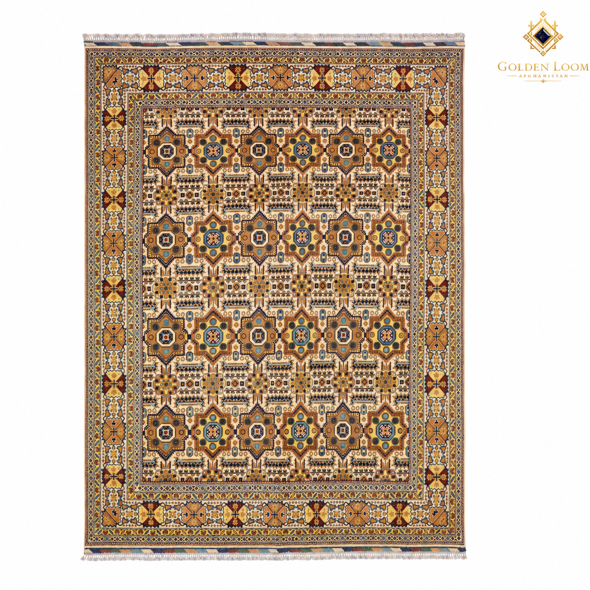The Jawzjan Ivory Mamluk Legacy, a hand-knotted Afghan wool carpet shown in full.