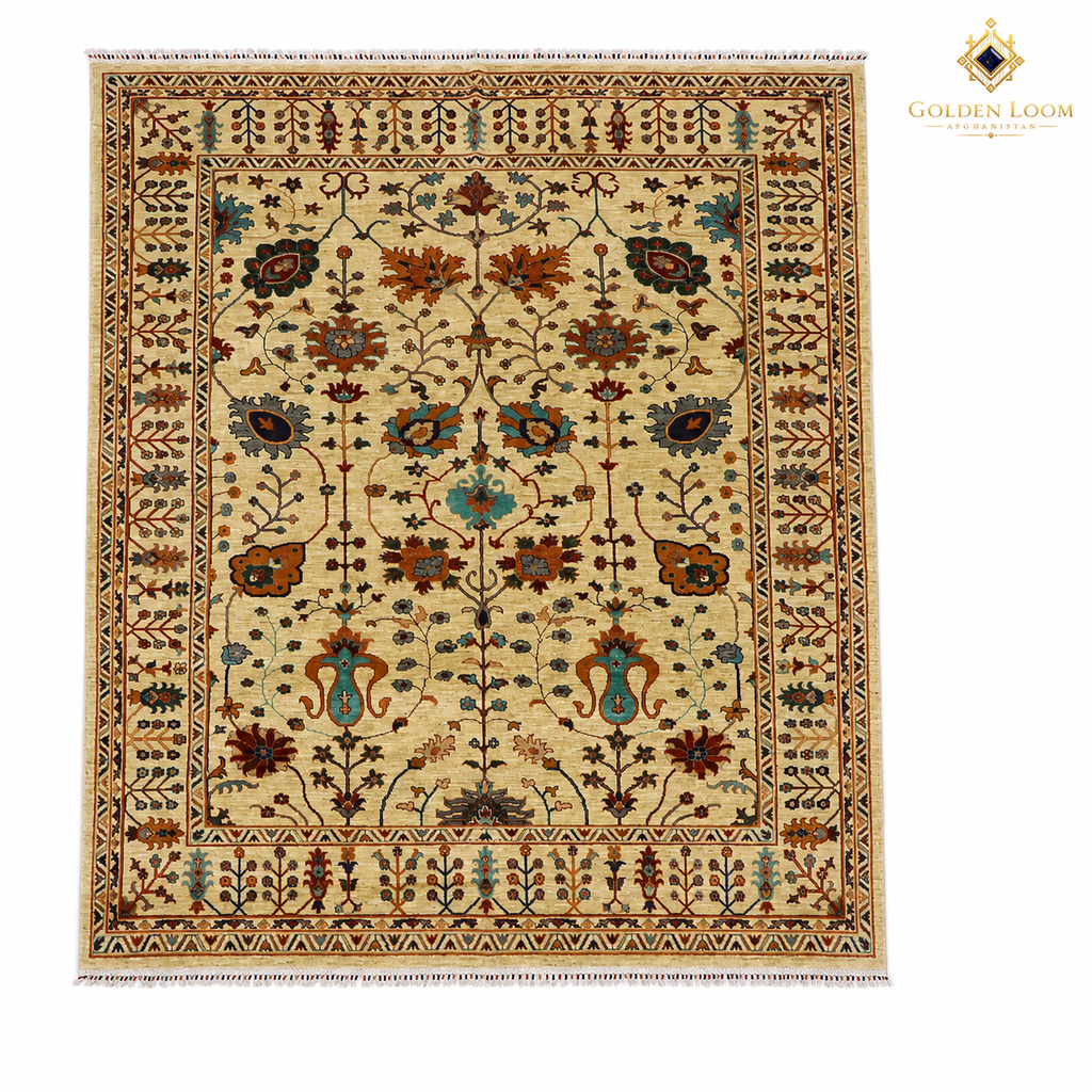 Hand-knotted Afghan Chobi carpet with all-over floral vine pattern in ivory, rust, teal, and brown, traditional fringe border, Golden Loom Afghanistan