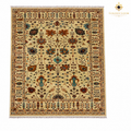 Hand-knotted Afghan Chobi carpet with all-over floral vine pattern in ivory, rust, teal, and brown, traditional fringe border, Golden Loom Afghanistan