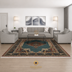 Kashan Blue Afghan Chobi carpet styled in a modern living room with grey sofa set and gold floor lamps