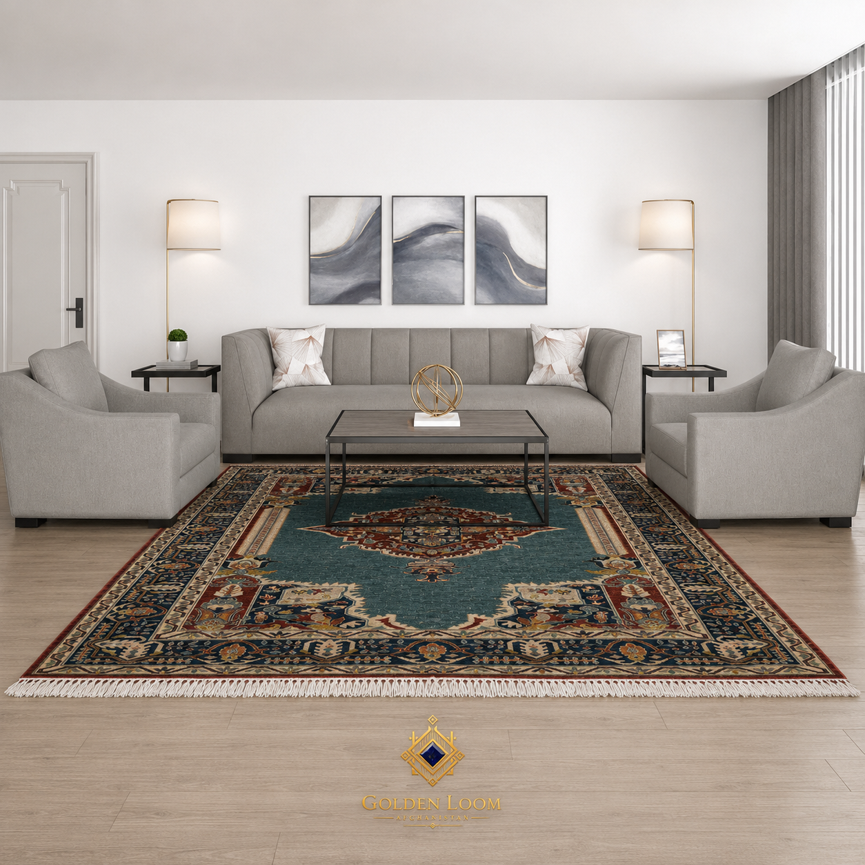 Kashan Blue Afghan Chobi carpet styled in a modern living room with grey sofa set and gold floor lamps