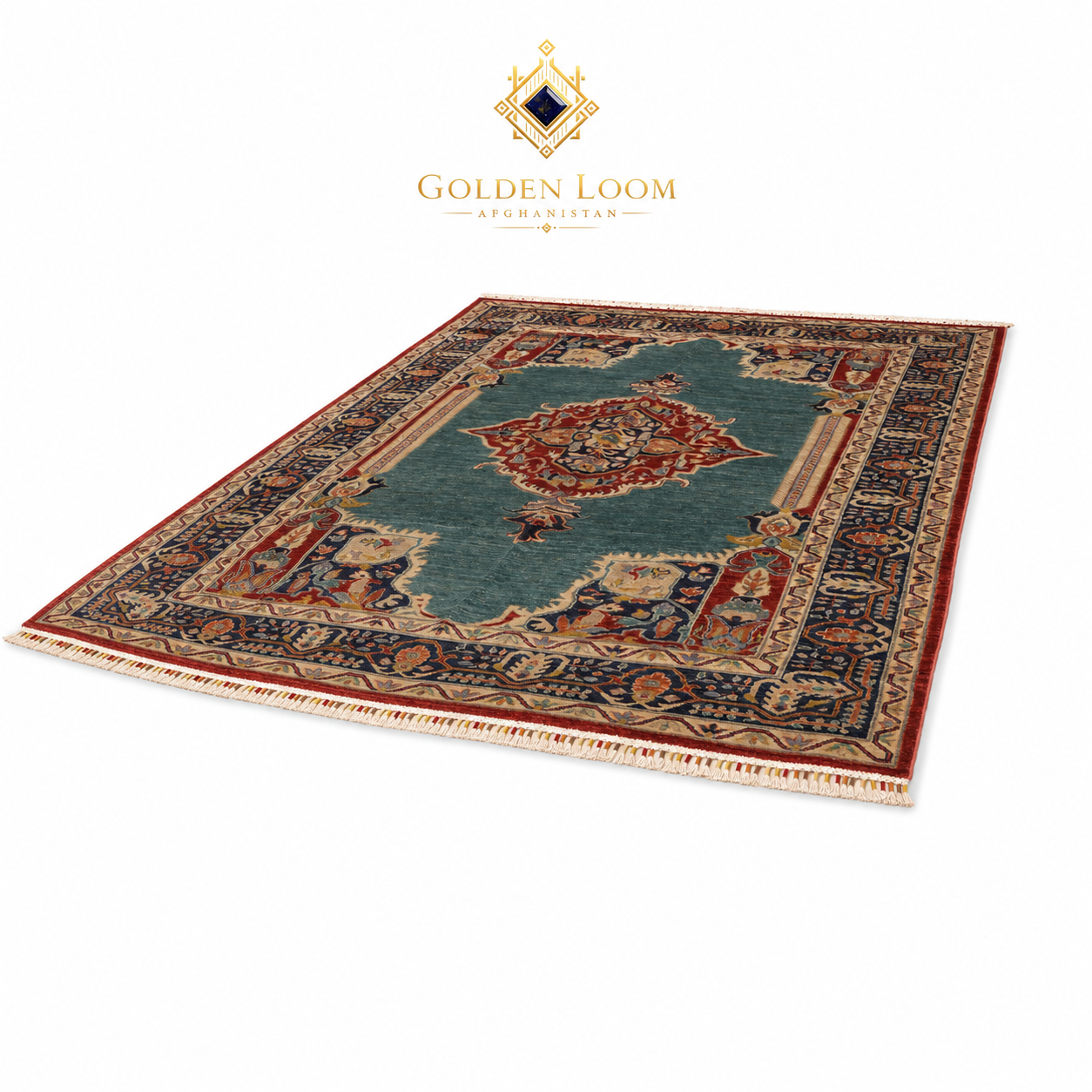 Kashan Blue Afghan Chobi hand-knotted wool carpet, angled 3D view showing teal field, burgundy medallion, navy border, and ivory fringe detail