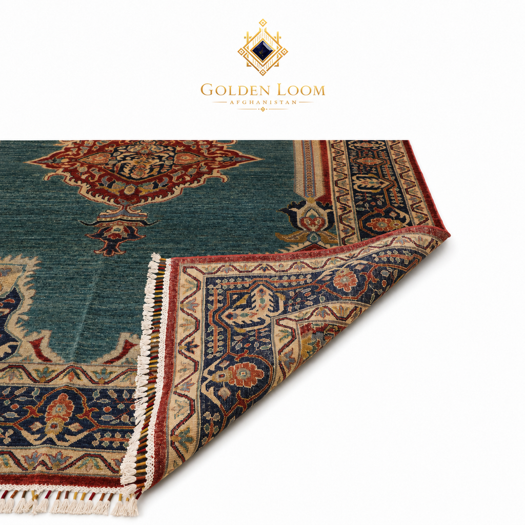 Close-up of Kashan Blue Afghan Chobi carpet folded corner revealing hand-knotted wool backing, intricate border weave, and multicolored fringe — proof of authentic craftsmanship