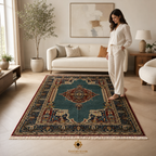 A woman in a white lounge set stands beside a large traditional area rug in a bright, modern living room. The rug has a teal-blue center with ornate red, beige, and navy patterns and fringe along the bottom edge.