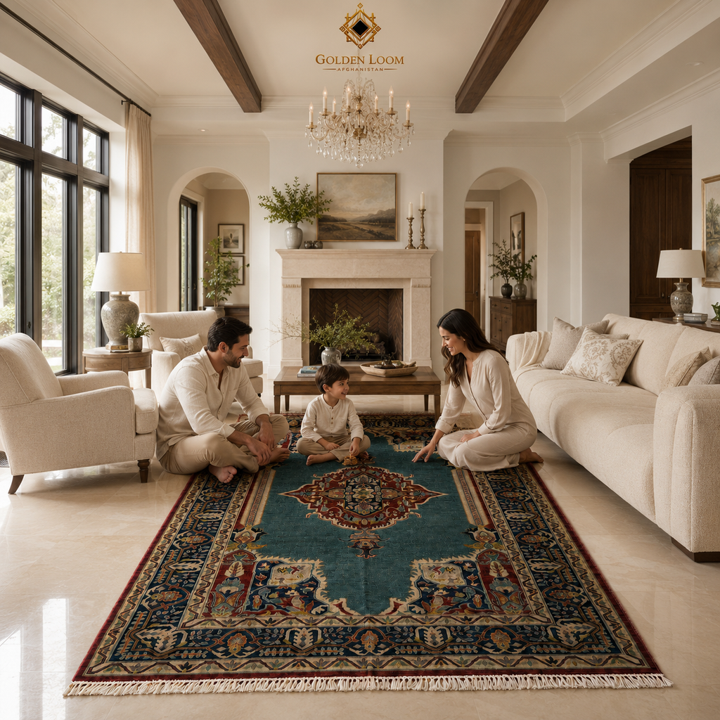 A family of three sits on a large traditional Persian-style area rug in a bright, elegant living room. The rug features a prominent teal blue center with intricate red, beige, and gold patterns.