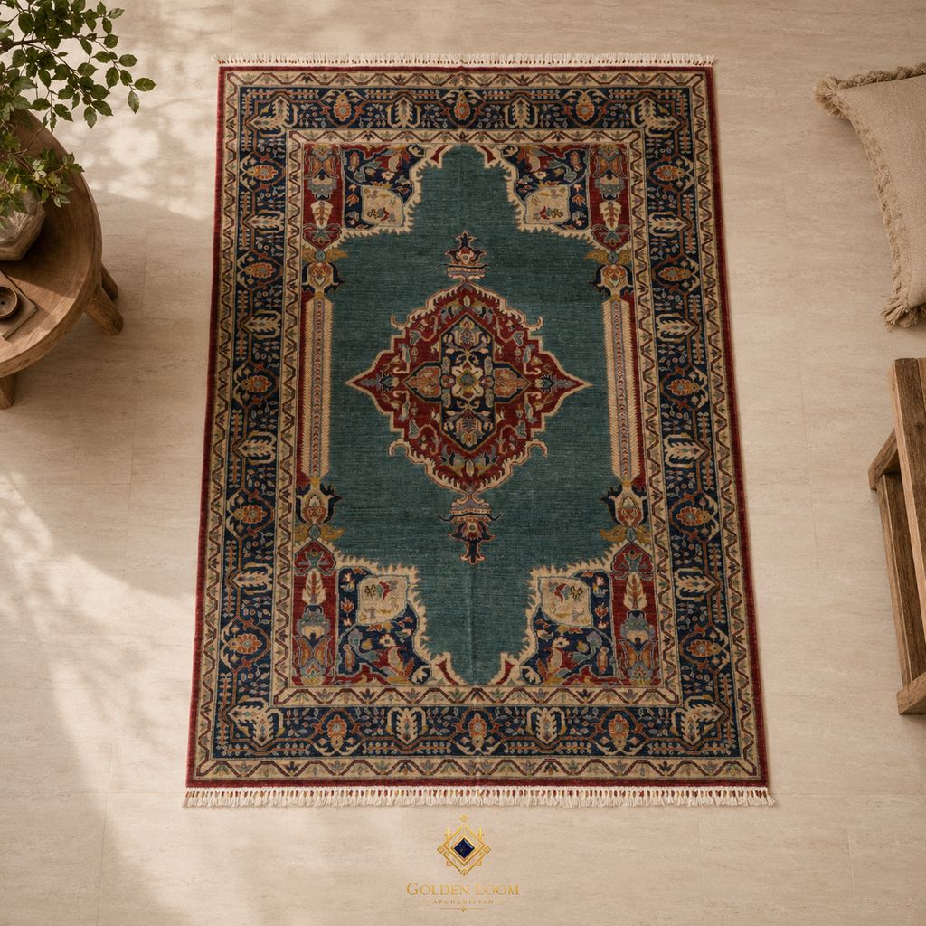 Kashan Blue Afghan Chobi carpet in a warm Scandinavian-style living room with cream bouclé sofa, brass lamp, and wooden accents