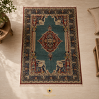 Kashan Blue Afghan Chobi carpet in a warm Scandinavian-style living room with cream bouclé sofa, brass lamp, and wooden accents