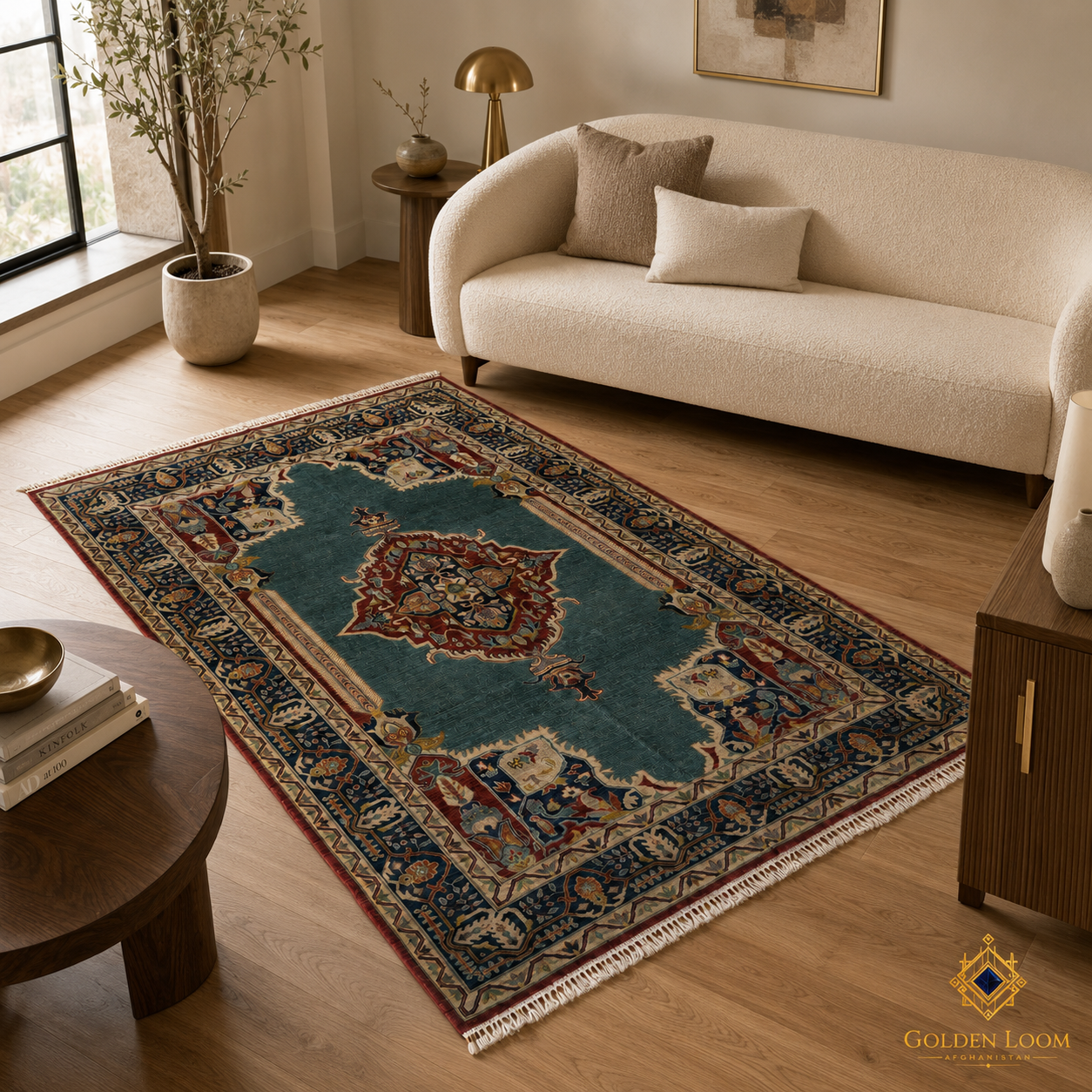 Kashan Blue Afghan Chobi wool carpet flat lay in natural sunlight, showcasing teal field, burgundy medallion, and intricate navy border with fringe detail