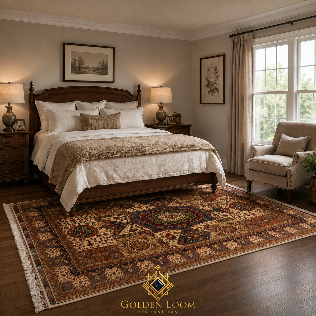 Regional Mamluk handwoven Afghan carpet in warm ivory and burgundy tones styled in a dark luxury living room with leather ottomans and velvet sofa — Golden Loom Afghanistan