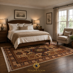 Regional Mamluk handwoven Afghan carpet in warm ivory and burgundy tones styled in a dark luxury living room with leather ottomans and velvet sofa — Golden Loom Afghanistan