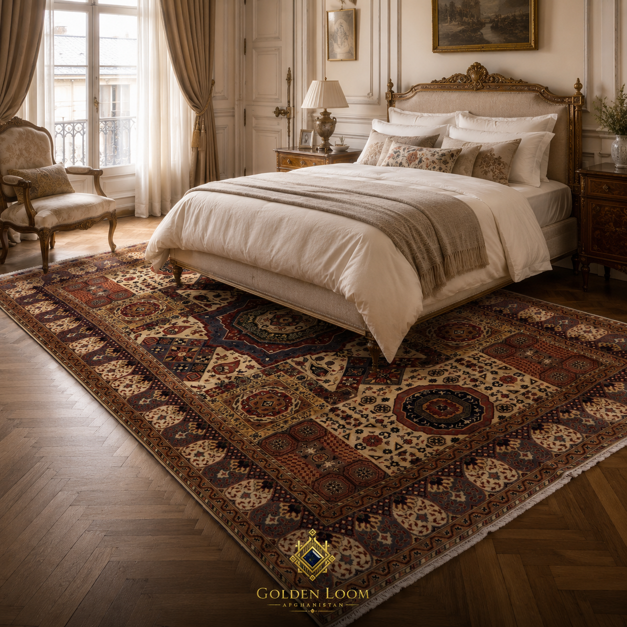 Hand-knotted Afghan Mamluk carpet with intricate geometric medallion in deep brown and ivory displayed in an elegant French-style bedroom — Golden Loom Afghanistan