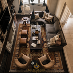 Regional Mamluk handwoven Afghan carpet in warm ivory and burgundy tones styled in a dark luxury living room with leather ottomans and velvet sofa — Golden Loom Afghanistan