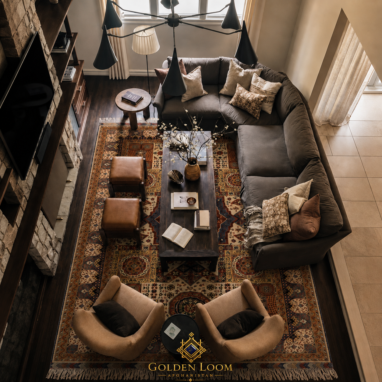 Regional Mamluk handwoven Afghan carpet in warm ivory and burgundy tones styled in a dark luxury living room with leather ottomans and velvet sofa — Golden Loom Afghanistan