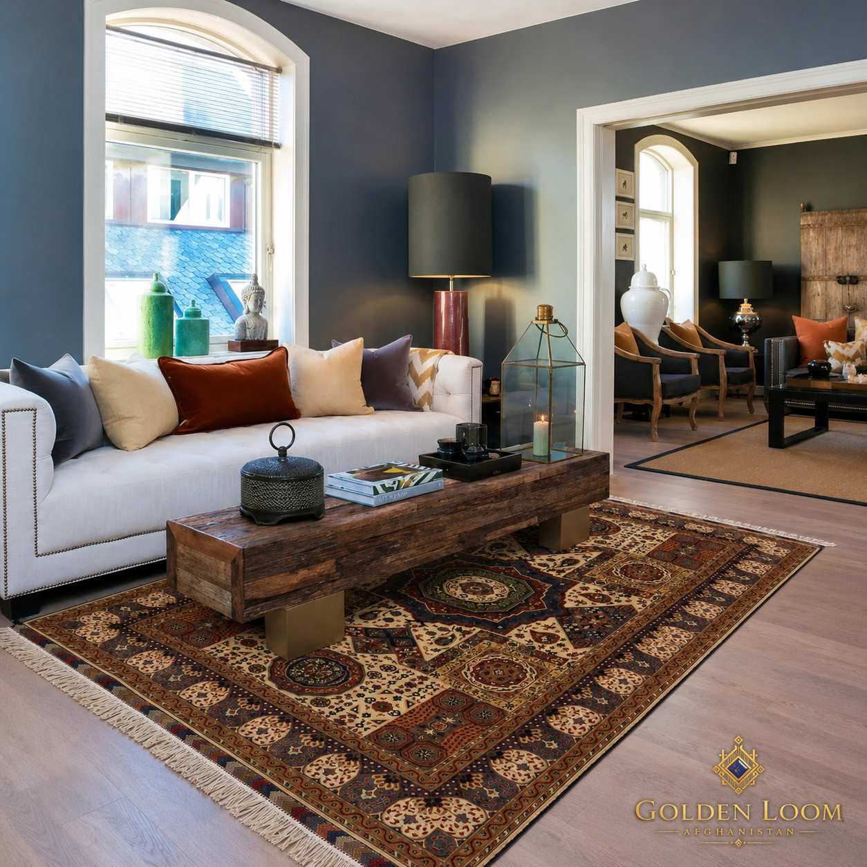 Hand-knotted Regional Mamluk Afghan carpet in deep brown and ivory tones styled in a modern dark luxury living room with rustic coffee table — Golden Loom Afghanistan