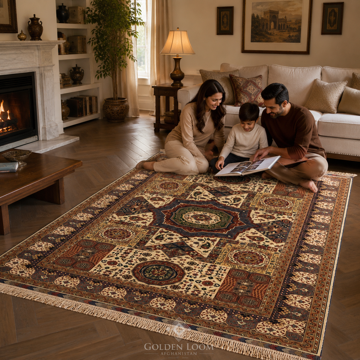 Family sitting together on a large handwoven Afghan Mamluk carpet with star medallion design in a warm living room with fireplace — Golden Loom Afghanistan