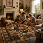 Afghan family sitting on a large handwoven Mamluk carpet with geometric star design in a cozy living room with fireplace — Golden Loom Afghanistan