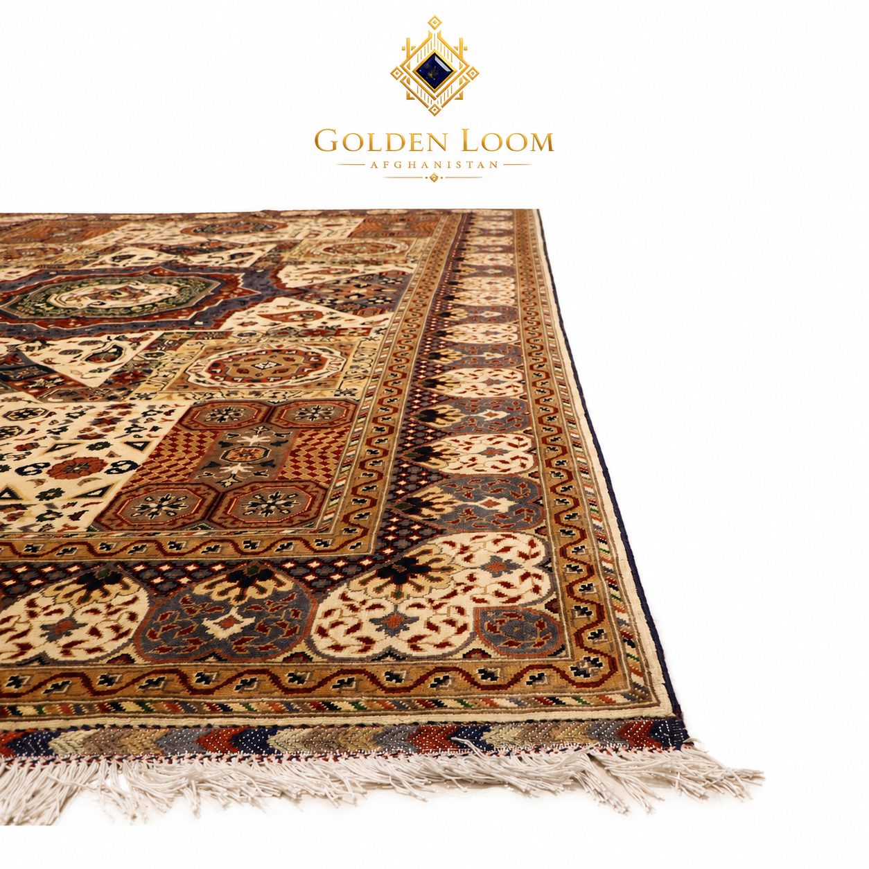 Regional Mamluk Afghan carpet flat lay showing full geometric medallion design with intricate border in ivory, brown, and burgundy — 100% natural wool — Golden Loom Afghanistan