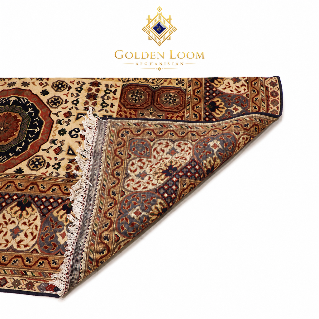Close-up of hand-knotted Afghan Mamluk carpet showing natural wool fringe, dense knot structure, and intricate geometric reverse pattern — Regional design by Golden Loom Afghanistan