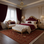 Hand-knotted Afghan Ziegler area rug in deep red styled under gold baroque bed frame in luxury cream and burgundy bedroom — Golden Loom Afghanistan