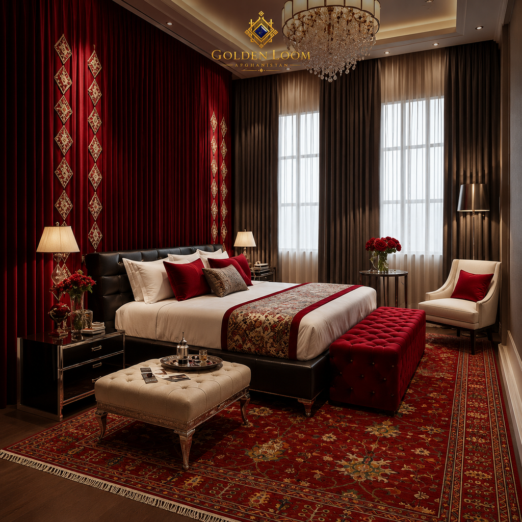 Large red Afghan hand-knotted wool rug in dark luxury bedroom with crystal chandelier, black leather bed, and crimson velvet drapes — Golden Loom Afghanistan