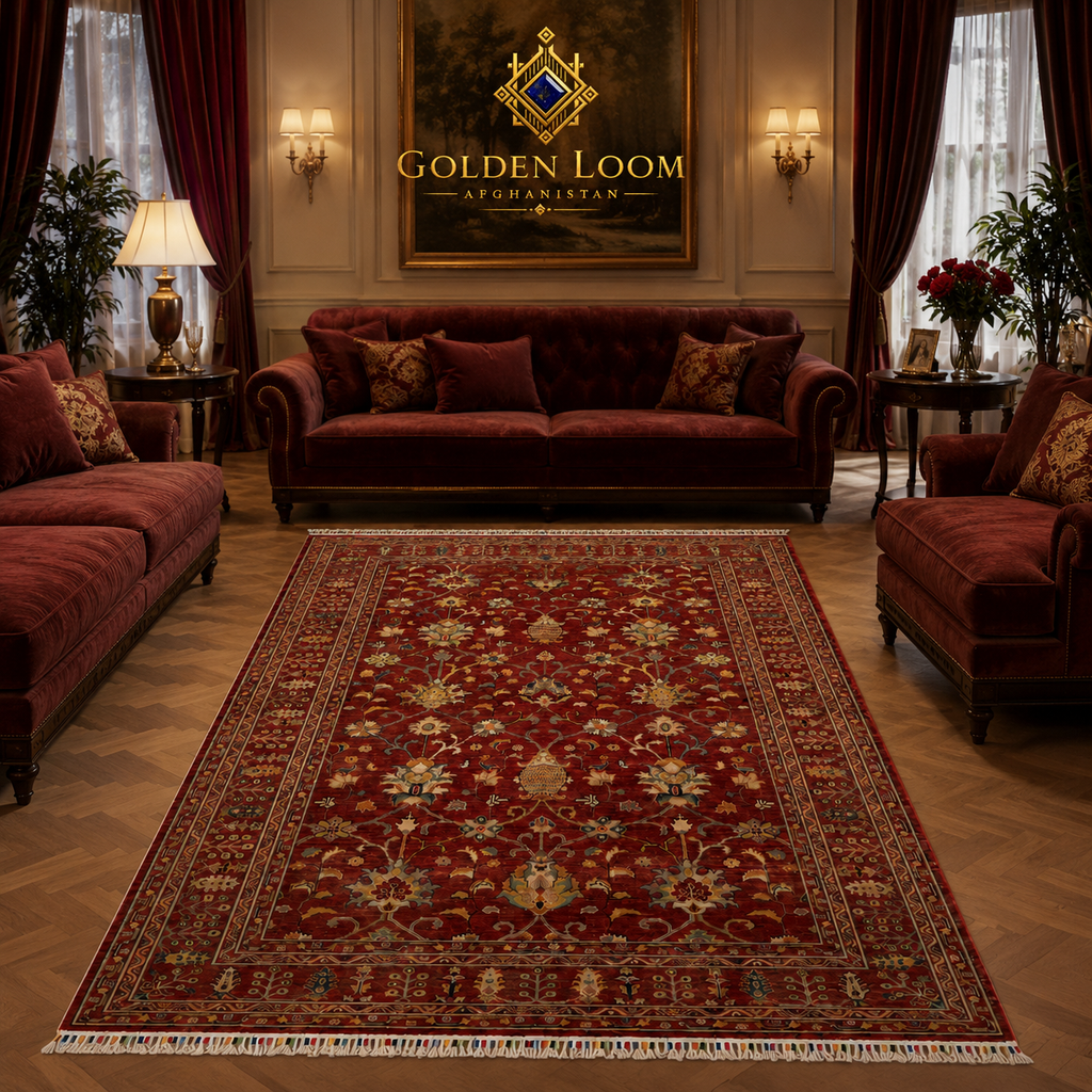 Hand-knotted Afghan Ziegler rug in crimson red styled in formal luxury living room with burgundy velvet sofas and parquet flooring — Golden Loom Afghanistan