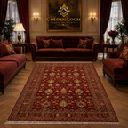 Hand-knotted Afghan Ziegler rug in crimson red styled in formal luxury living room with burgundy velvet sofas and parquet flooring — Golden Loom Afghanistan
