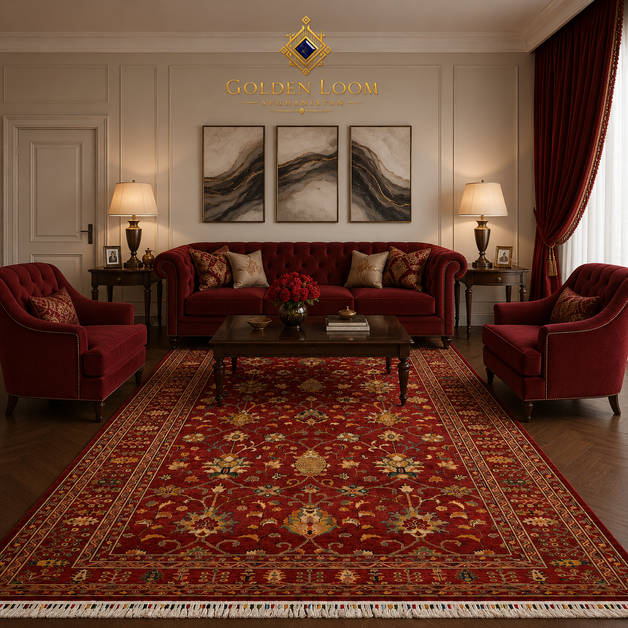 Large red Afghan hand-knotted area rug with floral Ziegler design in contemporary luxury living room with dark wood coffee table and cream paneled walls — Golden Loom Afghanistan