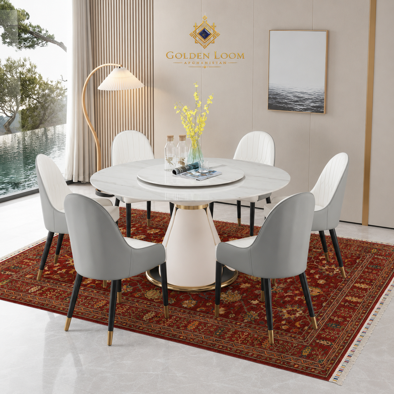 Red handmade Afghan area rug under round marble dining table in contemporary luxury interior, floral Ziegler design, Golden Loom Afghanistan