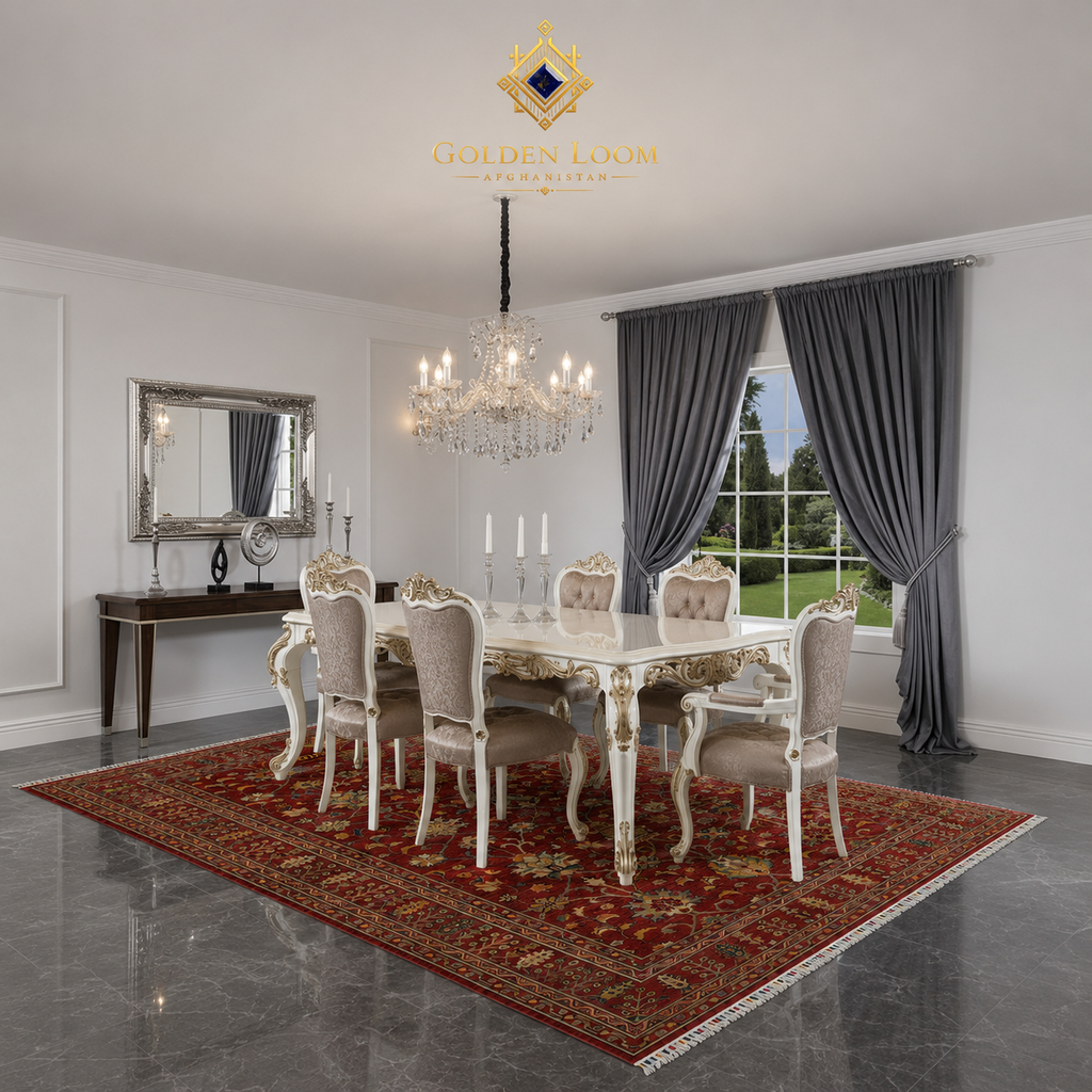 Large hand-knotted Afghan Ziegler rug in deep red styled in ornate European dining room with crystal chandelier and baroque furniture — Golden Loom Afghanistan