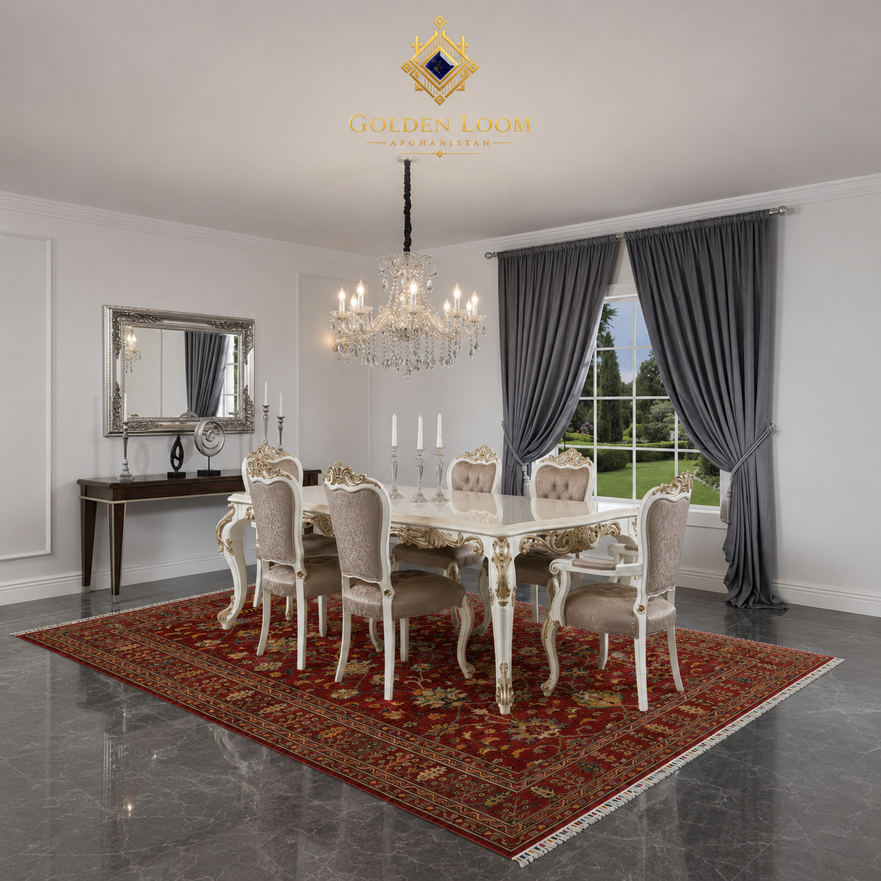 Large hand-knotted Afghan Ziegler rug in deep red styled in ornate European dining room with crystal chandelier and baroque furniture — Golden Loom Afghanistan