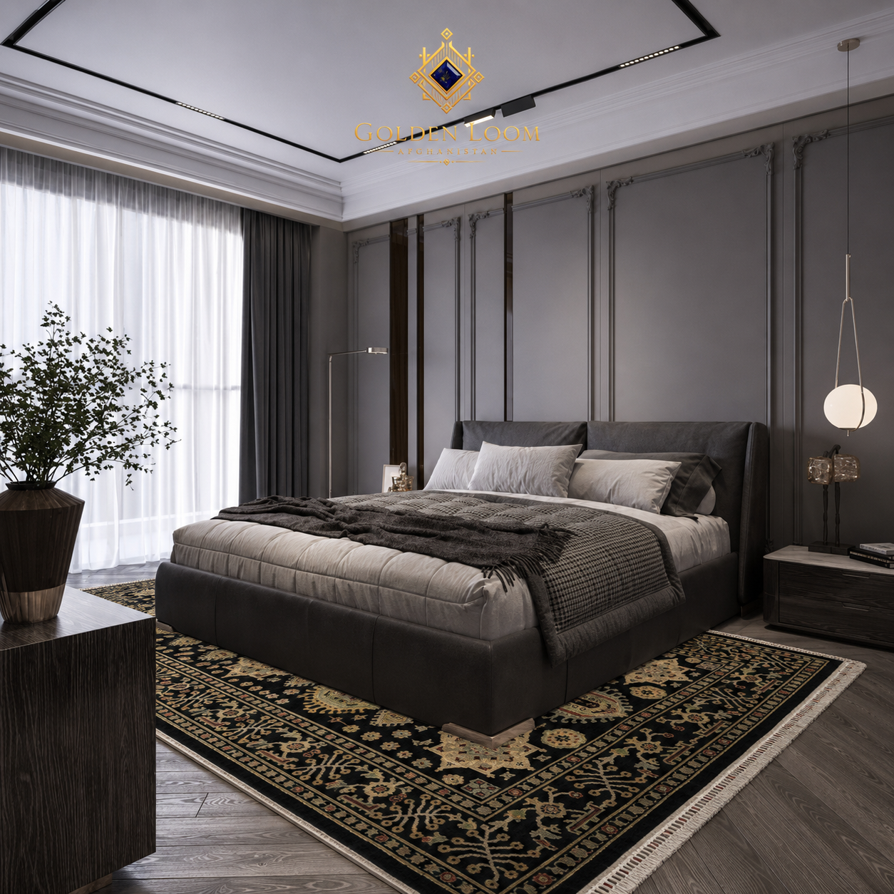 Handmade Afghan wool rug with black and gold traditional motifs placed under a king bed in a contemporary bedroom