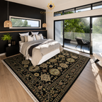 Black Afghan area rug with ivory and gold Chobi medallion pattern in a modern bedroom with natural light