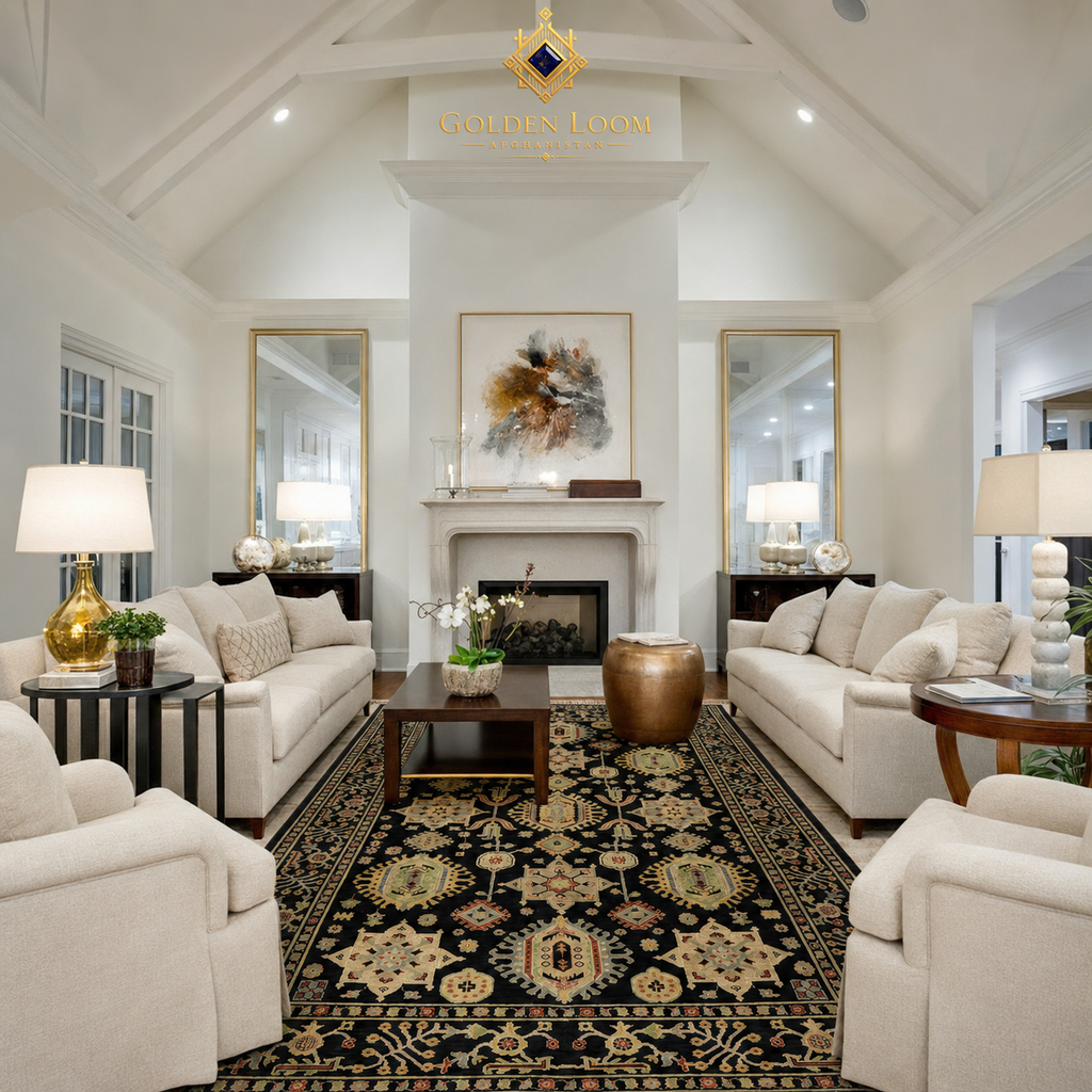 Hand-knotted Afghan Chobi rug in black and gold geometric design in a classic white living room with fireplace