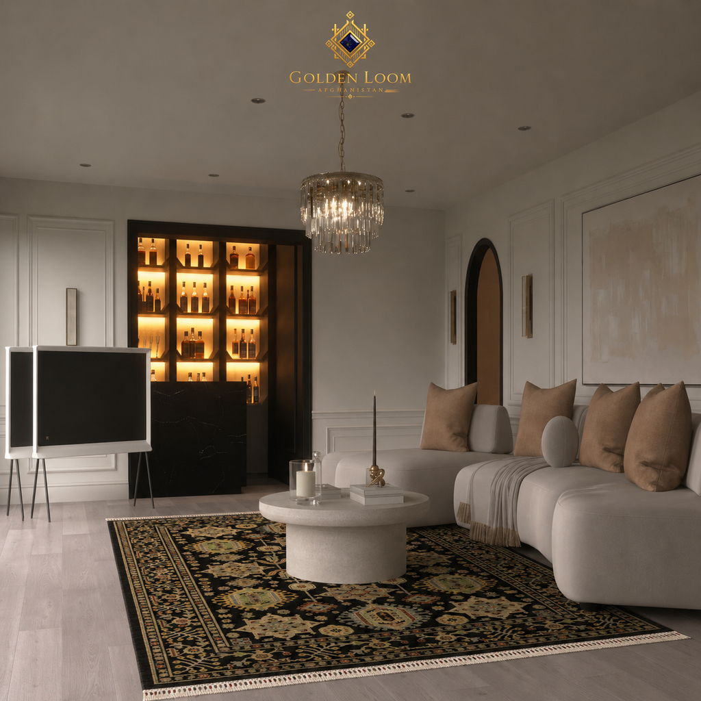 Handmade Afghan rug with black ground and gold floral pattern styled in a modern luxury living room