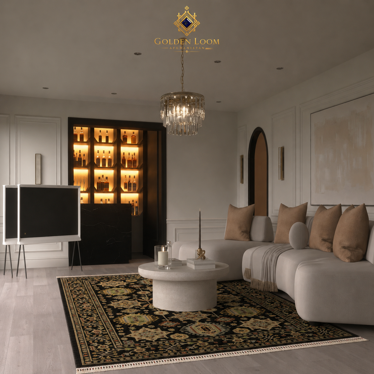 Handmade Afghan rug with black ground and gold floral pattern styled in a modern luxury living room