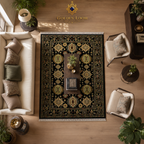 Overhead view of a hand-knotted Afghan rug with black ground and gold geometric medallions styled in a living room